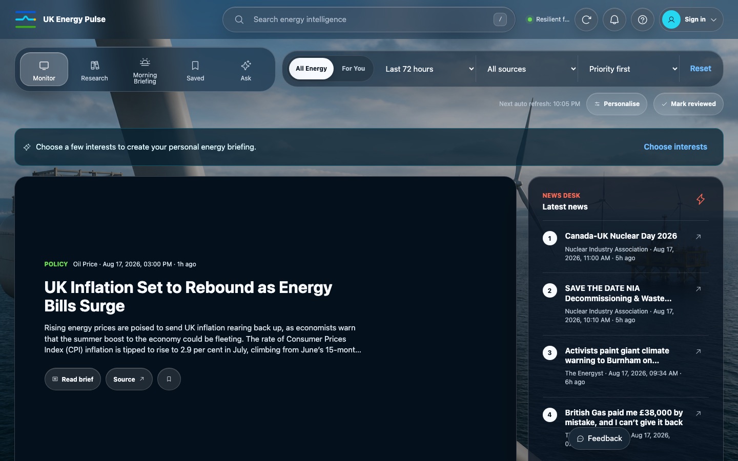 UK Energy Pulse live energy news monitor