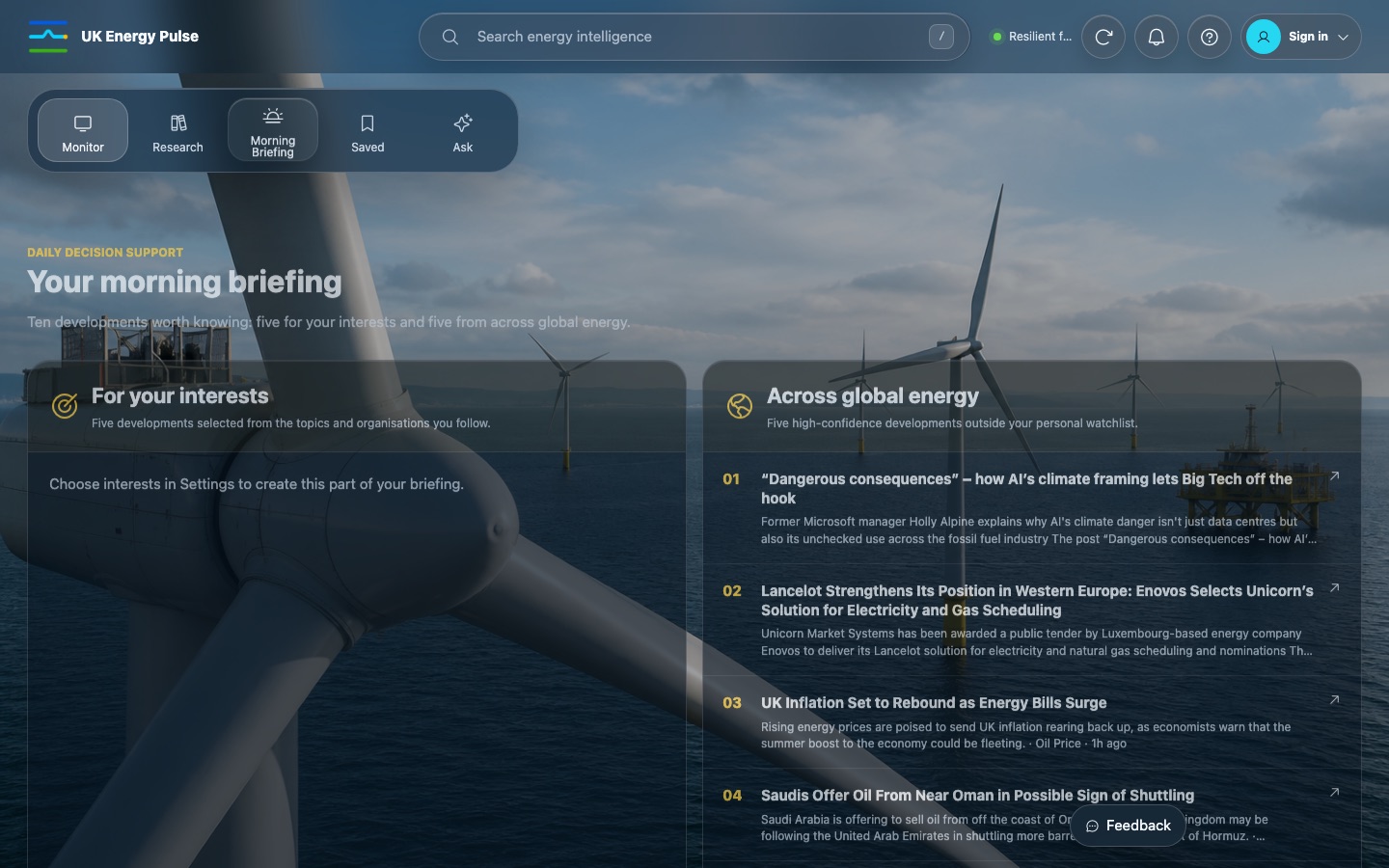 Morning Briefing view with priority developments
